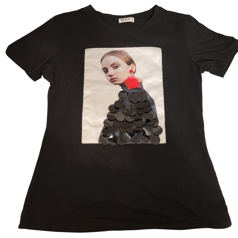 WHY Fashion T-Shirt Black Photo Graphic Embellished Sequin Accent Top
